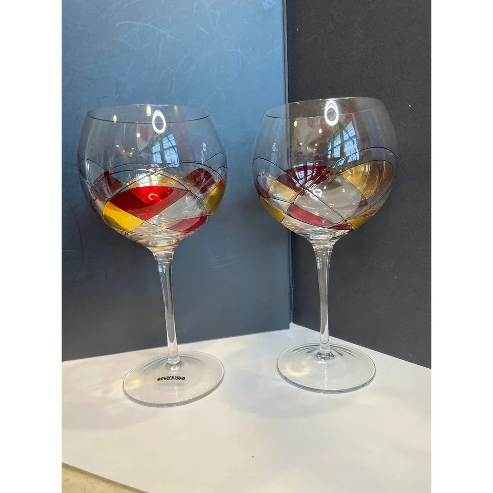 Handmade Romania Wine Glass Set 2 Red Gold Abstract Geometric Hand Painted 9in